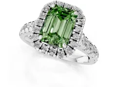 Fancy Green Emerald Cut Diamond Halo Engagement Ring Set in Silver with Pavé Band and Prong-Set Center