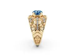 Fancy Blue Round Cut Diamond Art Deco Ring Set in Yellow gold with Pavé Split Shank
