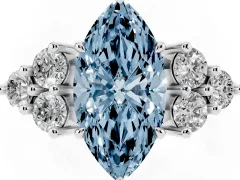 Fancy Blue Marquise Cut Diamond Solitaire Ring Set in White gold with Cluster Accents on Each Side