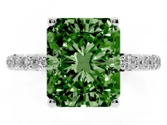 Fancy Green Radiant Cut Diamond Solitaire Engagement Ring Set in White gold with Round Pavé Band and Prong Setting