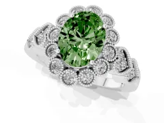 Fancy Green Oval Cut Diamond Solitaire Ring Set in Platinum with Milgrain Pavé Heart Band