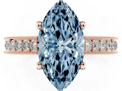 Fancy Blue Marquise Cut Diamond Solitaire Ring Set in Rose gold with Milgrain-Edged Pavé Band and Prong Setting