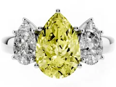 Fancy Yellow Pear Cut Diamond Three-Stone Ring Set in White gold with Bold Center and Classic Band