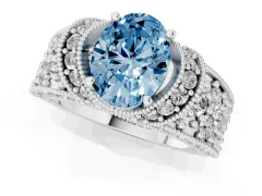 Fancy Blue Oval Cut Diamond Milgrain Halo Pavé Engagement Ring Set in Platinum with Prong Setting