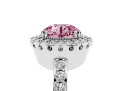 Fancy Pink Round Cut Diamond Halo Ring Set in Platinum with Pavé Shank and Prong Setting