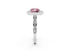 Fancy Pink Princess Cut Diamond Halo Engagement Ring Set in White gold with Milgrain Band and Prong Setting