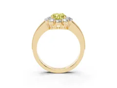 Fancy Yellow Oval Cut Diamond Halo Pavé Engagement Ring Set in Yellow gold with Milgrain Detailing