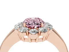 Fancy Pink Oval Cut Diamond Halo Pavé Engagement Ring Set in Rose gold with Milgrain Detailing