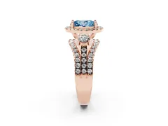 Fancy Blue Oval Cut Diamond Halo Split Shank Ring Set in Rose gold with Round Accent Stones and Prong Setting