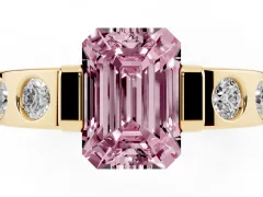 Fancy Pink Emerald Cut Diamond Channel-Set Band Ring Set in Yellow gold with Bezel Prong Setting