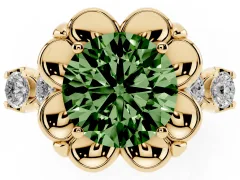 Fancy Green Round Cut Diamond Floral Halo Ring Set in Yellow gold with Shared Prong Band