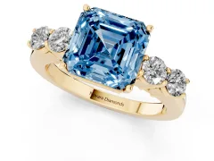 Fancy Blue Asscher Cut Diamond Five-Stone Prong Set Band Ring Set in Yellow gold with Polished Band