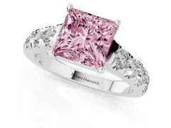 Fancy Pink Princess Cut Diamond Solitaire Ring Set in White gold with Cut-Down Micro Pavé Band and Prong Setting
