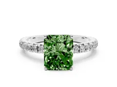 Fancy Green Radiant Cut Diamond Pavé Solitaire Engagement Ring Set in Platinum with Prong Setting