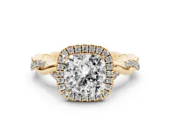 Cushion Cut Diamond Halo Twist Band Solitaire Ring Set in Yellow gold with Prong Setting