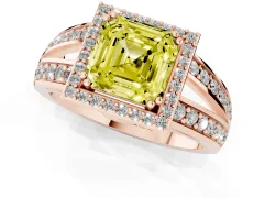 Fancy Yellow Asscher Cut Diamond Halo Ring Set in Rose gold with Double Pavé Split Shank