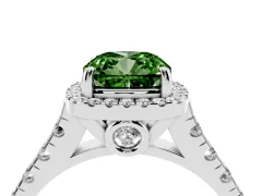 Fancy Green Cushion Cut Diamond Halo Engagement Ring Set in White gold with Pavé Band and Prong-Set Center