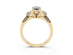 Fancy Blue Emerald Cut Diamond Three-Stone Ring Set in Yellow gold with Pavé Band and Smaller Side Stones
