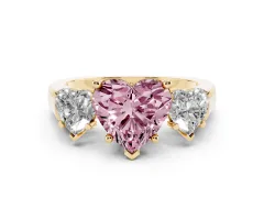 Fancy Pink Heart Cut Diamond Three-Stone Trellis Ring Set in Yellow gold with Comfort Fit Band