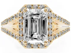 Emerald Cut Diamond Halo Split Shank Pavé Ring Set in Yellow gold with Prong Setting
