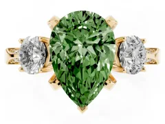 Fancy Green Pear Cut Diamond Three-Stone Ring Set in Yellow gold with Pavé Band and Smaller Side Stones