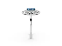 Fancy Blue Emerald Cut Diamond Floral Double Halo Ring Set in Silver with Round Petals