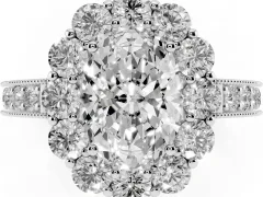 Oval Cut Diamond Halo Pavé Engagement Ring Set in Platinum with Milgrain Detailing