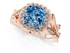 Fancy Blue Cushion Cut Diamond Halo Ring Set in Rose gold with Leaf Motif Split Shank and Prong Setting