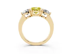 Fancy Yellow Round Cut Diamond Three-Stone Ring Set in Yellow gold with Prong Setting and Plain Band