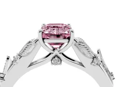 Fancy Pink Emerald Cut Diamond Solitaire Ring Set in Platinum with Leaf Motif Band