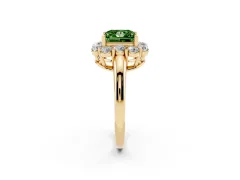 Fancy Green Princess Cut Diamond Milgrain Halo Solitaire Ring Set in Yellow gold with Bezel Set Side Stones and Pavé Band