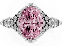 Fancy Pink Oval Cut Diamond Solitaire Ring Set in Platinum with Hidden Halo and Pavé Band