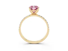 Fancy Pink Cushion Cut Diamond Solitaire Engagement Ring Set in Yellow gold with Round Pavé Band and Prong Setting