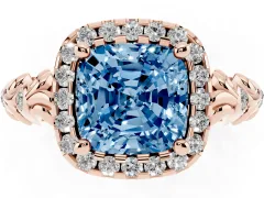 Fancy Blue Cushion Cut Diamond Halo Ring Set in Rose gold with Filigree Leaf Band and Prong Setting
