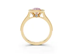 Fancy Pink Pear Cut Diamond Halo Milgrain Pavé Band Ring Set in Yellow gold with Prong Setting
