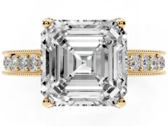 Asscher Cut Diamond Solitaire Ring Set in Yellow gold with Milgrain-Edged Pavé Band and Prong Setting
