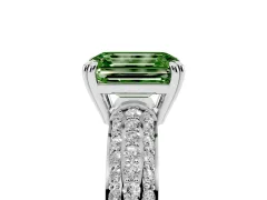 Fancy Green Emerald Cut Diamond Solitaire Ring Set in Silver with Multi-Row Round Pavé Band and Prong Setting