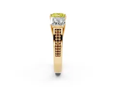 Fancy Yellow Princess Cut Diamond Three-Stone Ring Set in Yellow gold with Textured Band