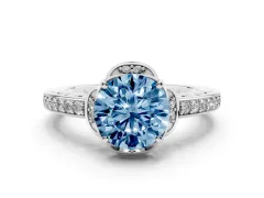 Fancy Blue Round Cut Diamond Halo Ring Set in Platinum with Channel Set Band and Prong Setting