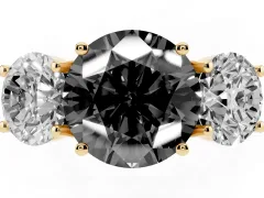 Fancy Black Round Cut Diamond Three-Stone Ring Set in Yellow gold with Pavé Band