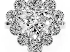 Heart Cut Diamond Cluster Halo Ring Set in Silver with Milgrain Bezel Accents and Plain Band