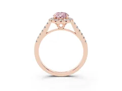 Fancy Pink Pear Cut Diamond Pavé Halo Engagement Ring Set in Rose gold with Pavé Band and Prong Setting