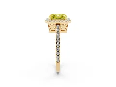 Fancy Yellow Asscher Cut Diamond Halo Ring Set in Yellow gold with Pavé Shoulders and Halo-Framed Center