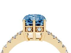 Fancy Blue Radiant Cut Diamond Solitaire Engagement Ring Set in Yellow gold with Pavé Band and Prong Setting