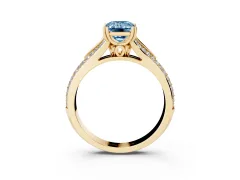 Fancy Blue Emerald Cut Diamond Split Shank Pavé Engagement Ring Set in Yellow gold with Prong-Set Center Stone