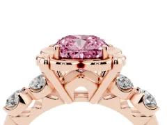 Fancy Pink Cushion Cut Diamond Floral Halo Ring Set in Rose gold with Shared Prong Band