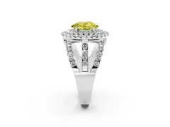 Fancy Yellow Oval Cut Diamond Double Halo Ring Set in White gold with Round Pavé Split Shank