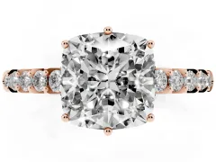 Cushion Cut Diamond Solitaire Engagement Ring Set in Rose gold with Pavé Band and Prong Setting