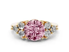 Fancy Pink Round Cut Diamond Solitaire Ring Set in Yellow gold with Cluster Accents on Each Side