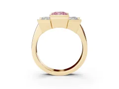 Fancy Pink Radiant Cut Diamond Three-Stone Channel Set Ring Set in Yellow gold with Smooth Polished Band